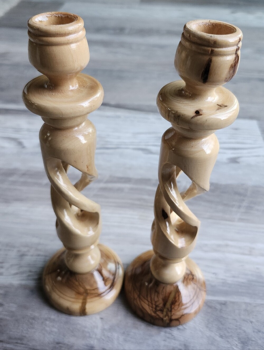 Vintage Bethlehem Israel Olive Wood Candlestick Holders Pair Hand Carved